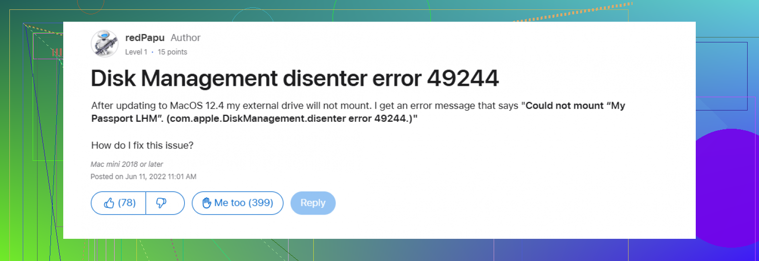 Could Not Mount Com.apple.diskmanagement.disenter Error After Update